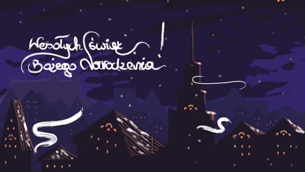 A Christmas Card. Dark navy blue background, in the upper left corner a star. On the left side the inscription Wesołych świąt Bożego Narodzenia - Merry Christmas. Below, a city with lots of houses and a tower. 