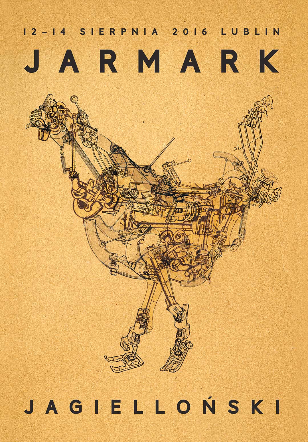 [Plakat Jarmarku Jagiellońskiego, beżowe tło, w centralnej części kura wykonana techniką kolażu z elementów przypominających części maszyny do szycia]