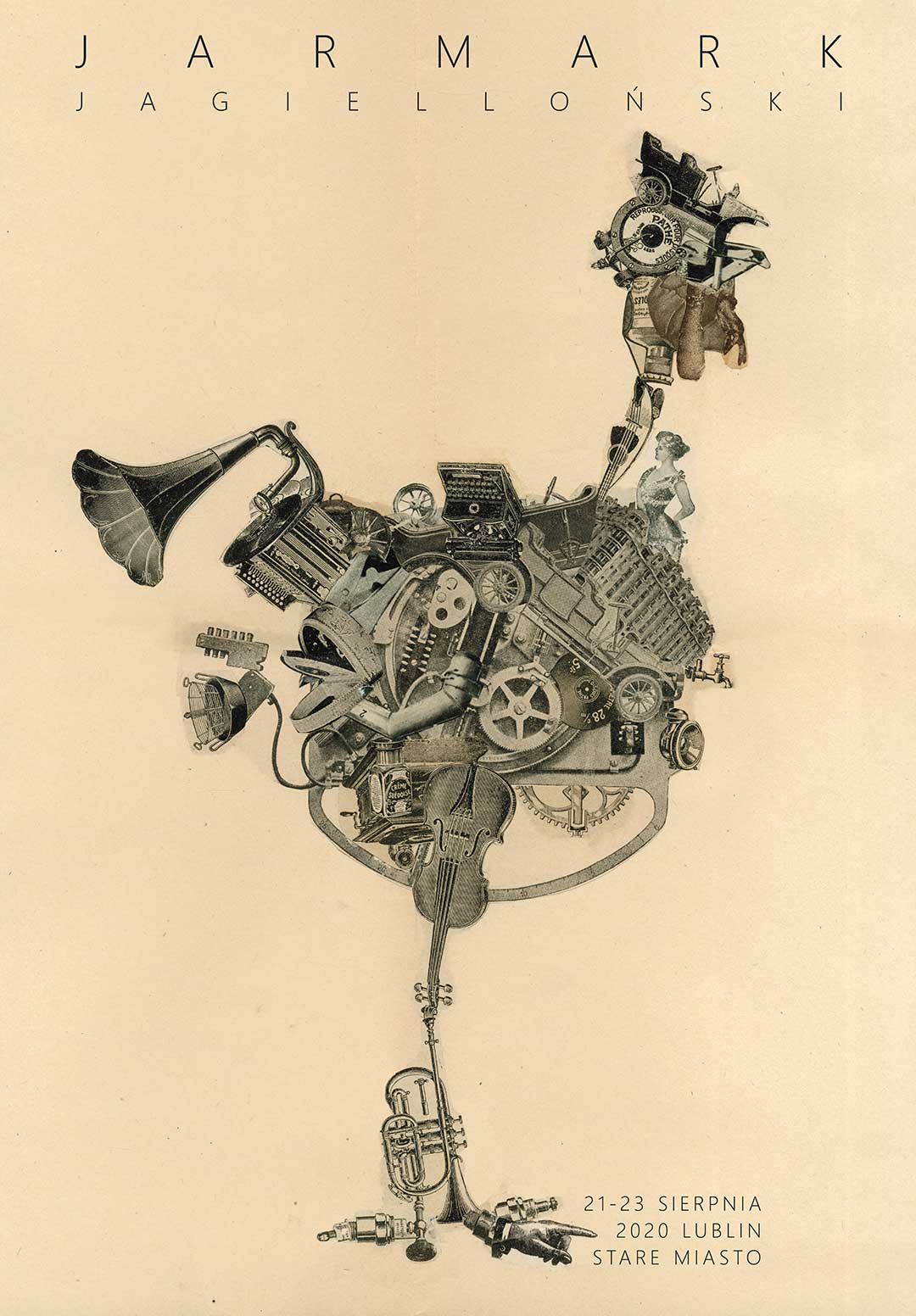 [Plakat Jarmarku Jagiellońskiego, kolaż w stylistyce retro, kura w centralnej części, jest wykonana z części mechanicznych i instrumentów]