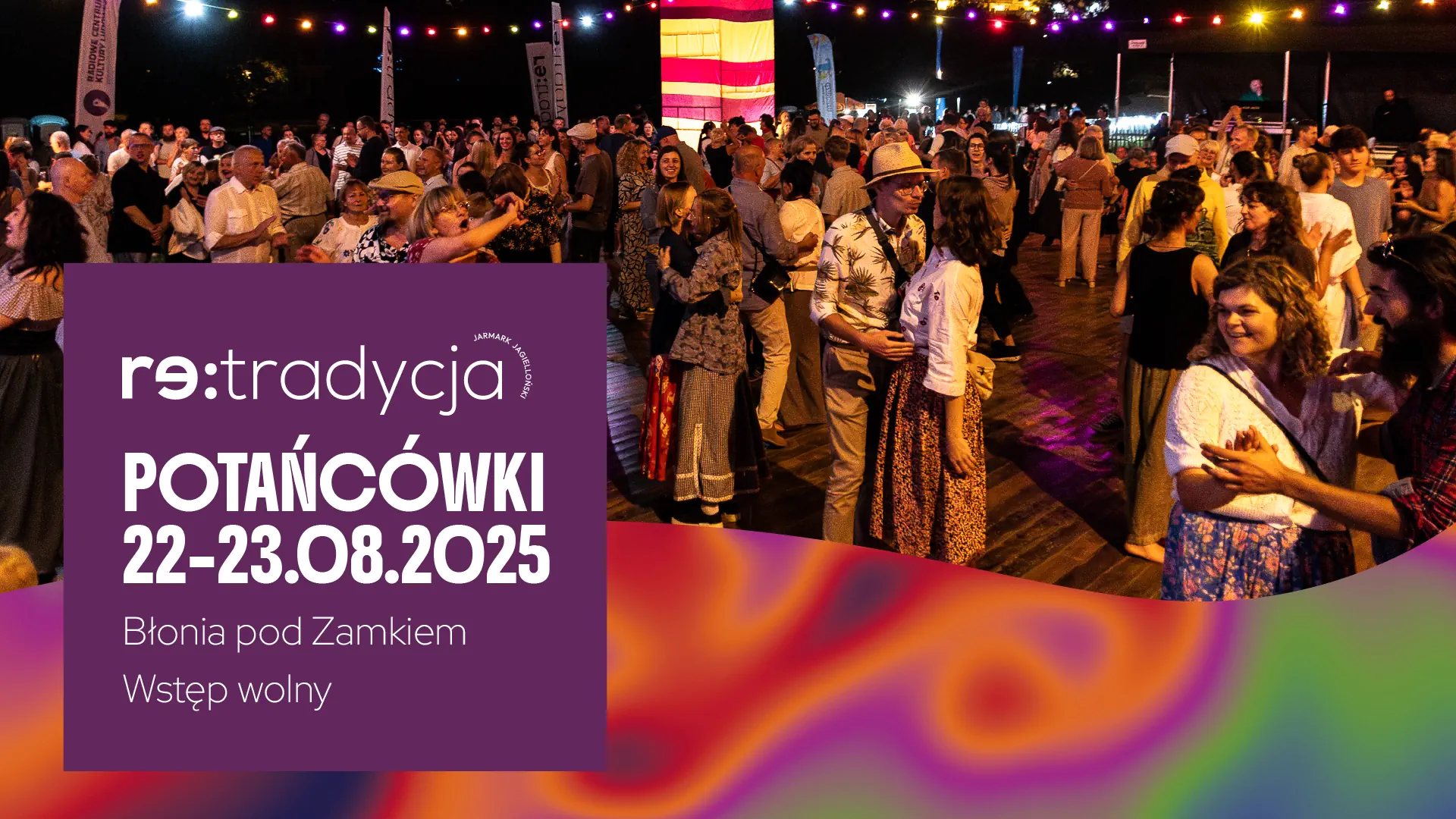 Grafika zapowiadająca potańcówki 22-23 sierpnia 2025 na Błoniach pod Zamkiem.