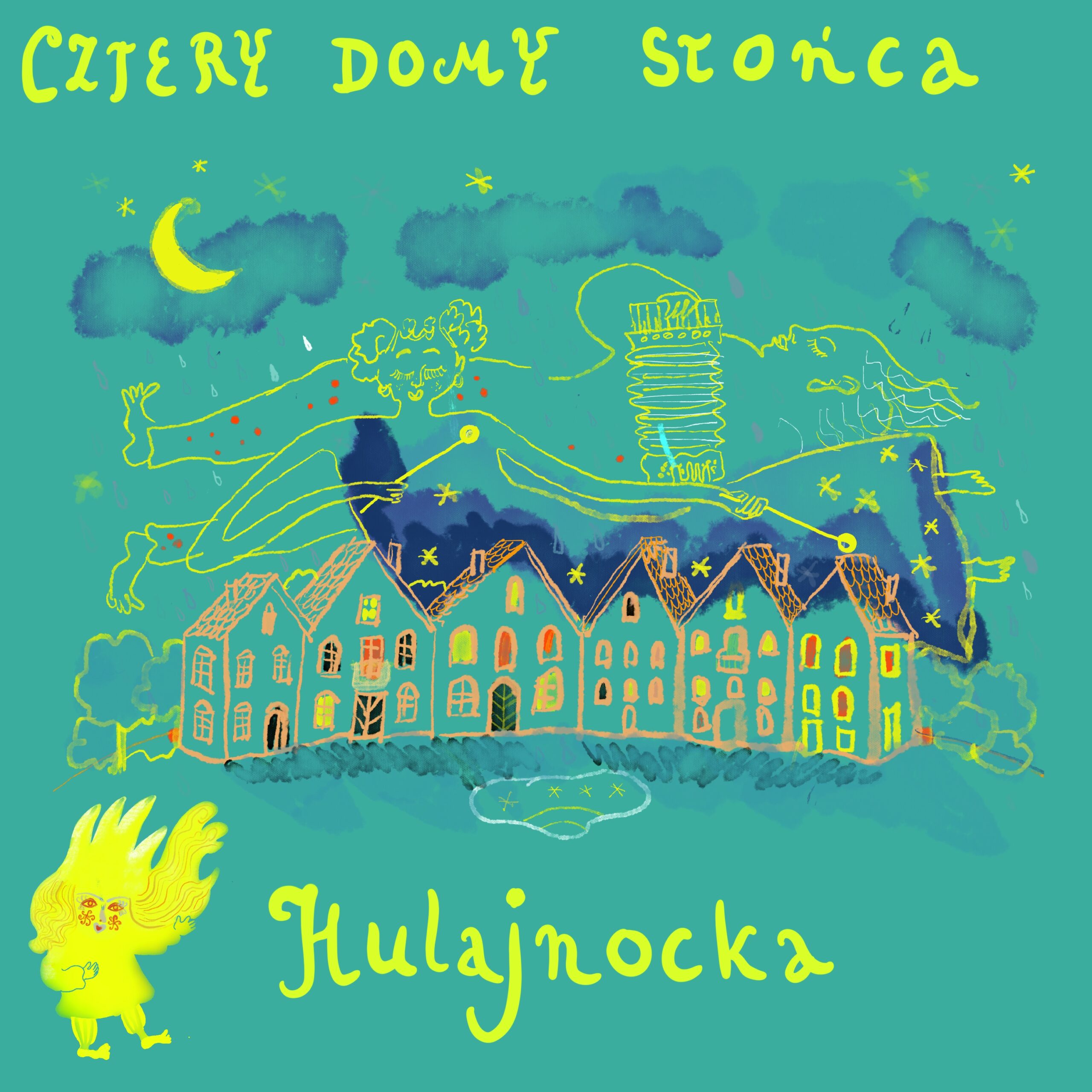 Grafika z ulicą i domami. Napis: Cztery domy słońca Hulajnocka.